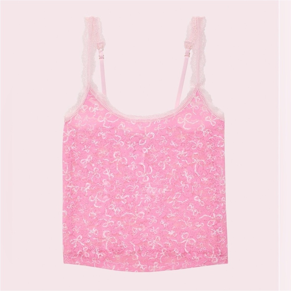 PINK LoveShackFancy Lace Trim Tank Top Pink Bow Print L
